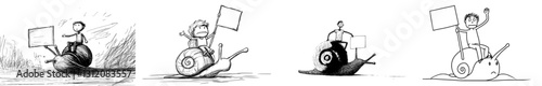 A cartoon stick drawing illustrates a frustrated man or businessman sitting on a snail shell, symbolizing slow movement, representing slow progress and long waiting times, with an empty sign nearby