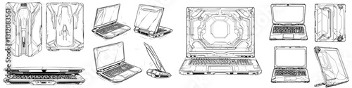 Detailed design sketches of futuristic laptops showcasing innovative features and unique shapes