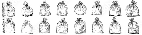 Garbage bags arranged in a neat row showcasing various sizes and styles in a simple, monochrome design