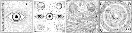 Visual exploration of cosmic patterns with eyes, stars, and swirling galaxies illustrated in a monochrome design