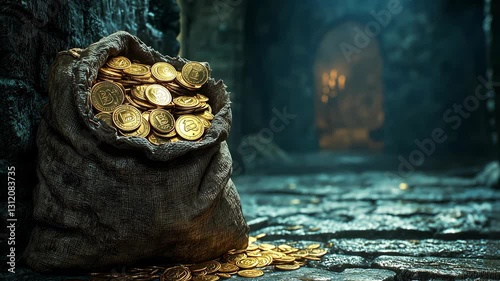 A small brown bag full of gold coins is standing on a cracked stone floor in a dark castle. v2
