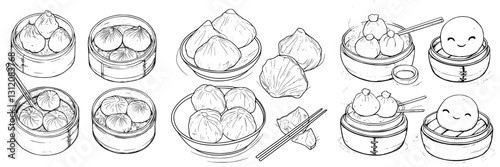 Delicious dumplings and dim sum served in bamboo steamers during a bustling daytime market setting