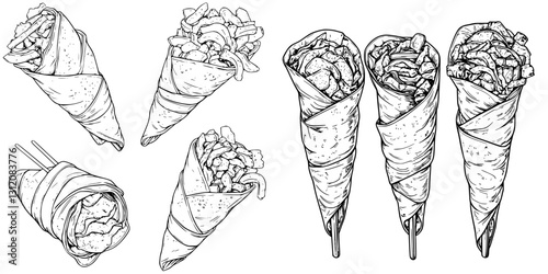 Culinary art showcasing a variety of unique wrapped food cones filled with delicious ingredients