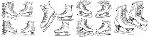 Variety of ice skates displayed in artistic sketches showcasing different designs and styles for winter sports activity