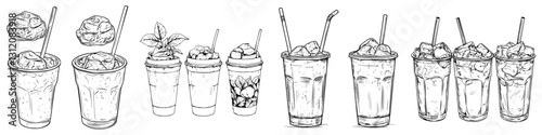 Refreshing beverages displayed on a table, featuring various iced drinks with garnishes in a summer setting