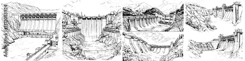 Sketches of a hydroelectric dam and its surroundings showcasing engineering and natural beauty