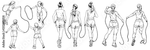 Girl jumping rope in multiple poses at a park during a sunny afternoon