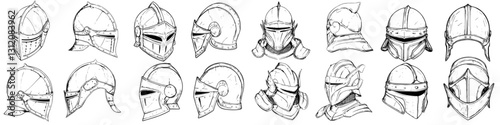 Various medieval helmets displayed in a detailed illustration showcasing historical armor design elements and craftsmanship techniques
