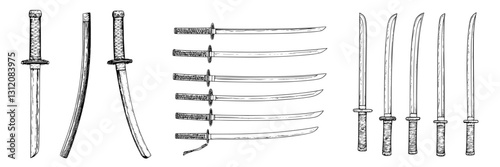 Detailed illustration of various katana swords arranged in an artistic layout showcasing their design and craftsmanship