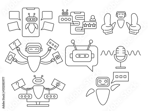 A set of elements depicting chatbots, virtual assistants, conversational AI, automation, and customer support. Ideal for infographics, UI/UX design, and tech-related content. Editable lines