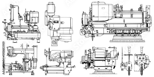 Detailed technical drawings of industrial machinery showcasing various components and angles with precise annotations