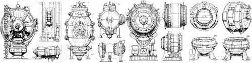 Detailed illustrations of various underwater exploration vessels from different angles and perspectives