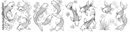 Detailed black and white illustrations of koi fish surrounded by flowers in a serene aquatic setting