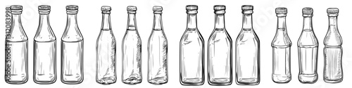 Collection of various glass bottles with different shapes and sizes on a white background