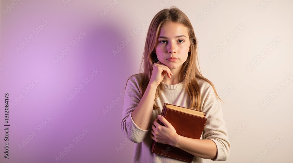 Thoughtful Teenage Girl Holds Book Against. Thoughtful Teenage Girl Holds Book Against.