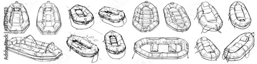 Illustrations of various inflatable boats on display at a boating event in a coastal area during the summertime