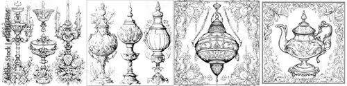 Vintage design illustrations of decorative vases, urns, and teapots showcasing intricate patterns and elegant shapes
