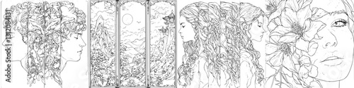 Intricate line art depicting four elegant women surrounded by nature, showcasing beauty and serenity in detailed illustrations