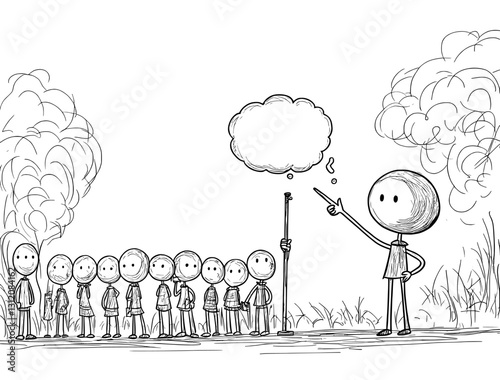 Conceptual illustration of a man waiting in line or queue depicted as a cartoon stick figure with an empty speech bubble or text balloon above him