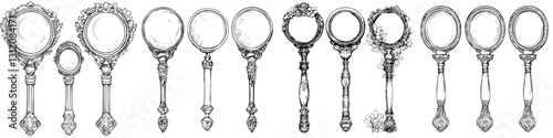 Collection of vintage hand mirrors displayed in a row, showcasing intricate designs and elegant craftsmanship