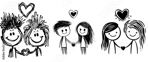 Conceptual illustration of a happy heterosexual couple, depicted as cartoon stick figures, holding hands with a large heart symbol above them