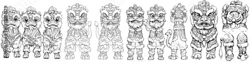 Various traditional lion dance costumes displayed in intricate detail showcasing cultural artistry and craftsmanship