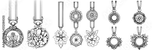Various beautifully designed floral medals with unique shapes and decorative elements displayed on a white background