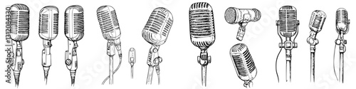 Variety of vintage microphones displayed on a neutral background for music and broadcasting enthusiasts