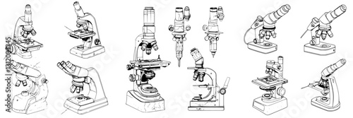 Collection of various microscope designs showcasing different styles and features for scientific research and education