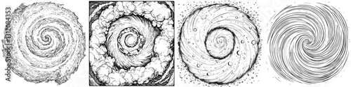 Unique illustrations of swirling patterns representing natural elements, ideal for artistic inspiration and design