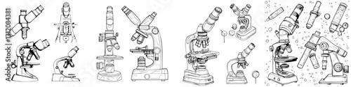 Illustration of various microscope types with diverse designs and features displayed in a scientific context