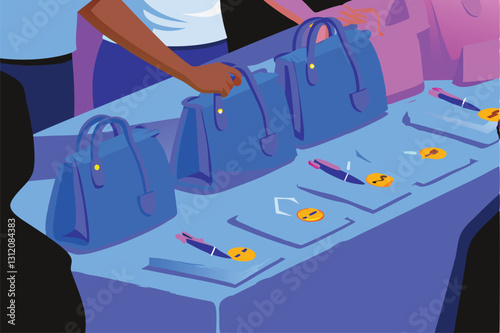 A well-stocked conference swag table overflowing with promotional items, including branded merchandise.  Focus on the variety and abundance of items.