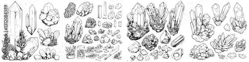 Detailed illustrations of various crystals and gemstones arranged in artistic display