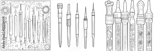 Collection of various art tools arranged artistically with floral designs for creative projects