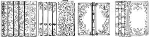 Collections of ornamental books with intricate floral designs showcased on a shelf