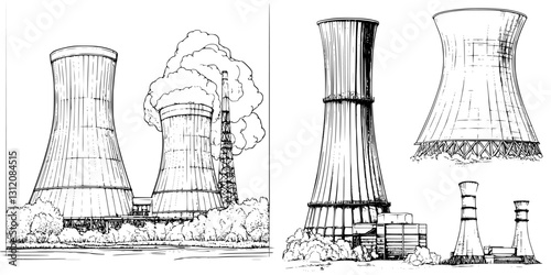 Cooling towers in an industrial area during the day showcasing smoke and structural details