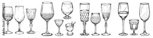 Various types of glassware displayed on a plain background showcasing elegance and diversity in drink presentation