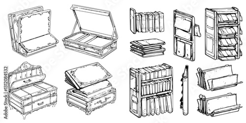 Collection of vintage storage boxes and shelves showcasing various designs in a minimalist style