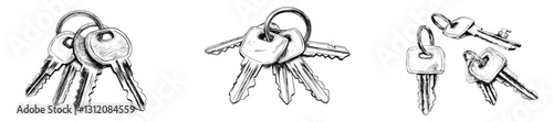 Draw by hand a collection of keys positioned on a plain white backdrop