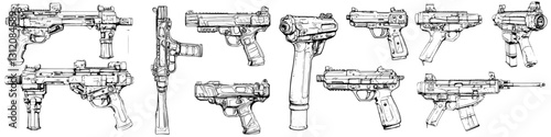 Detailed sketches of various types of firearms displayed side by side in a collection