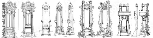 Various designs of wooden guillotines used in historical executions during the French Revolution era