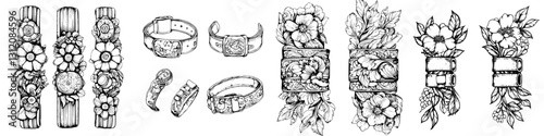 Stylish collection of decorative bracelets featuring floral designs and intricate patterns in black and white