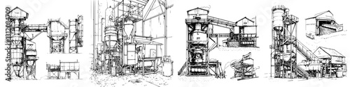 Developed designs of industrial machinery used for processing materials in a construction site setting