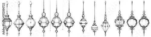 Collection of intricate ornamental designs hanging from strings showcasing craftsmanship and artistry in decorative elements
