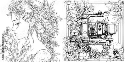 Woman surrounded by flowers and a vintage camera embedded in floral design illustrates connection between nature and art