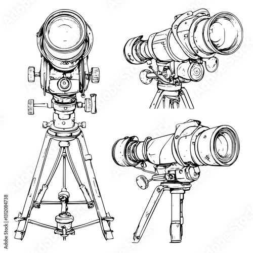 Detailed illustrations of telescopes showcasing different angles and designs for astronomical observations and stargazing