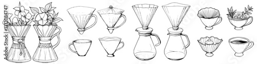 Coffee brewing equipment illustrations featuring various designs and styles for enthusiasts and artists