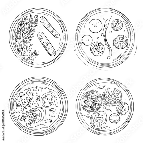 Diverse microorganisms and cellular structures observed through microscopy in a scientific laboratory setting