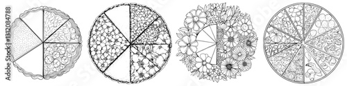 Intricate designs showcasing a variety of pie illustrations with detailed textures and floral elements