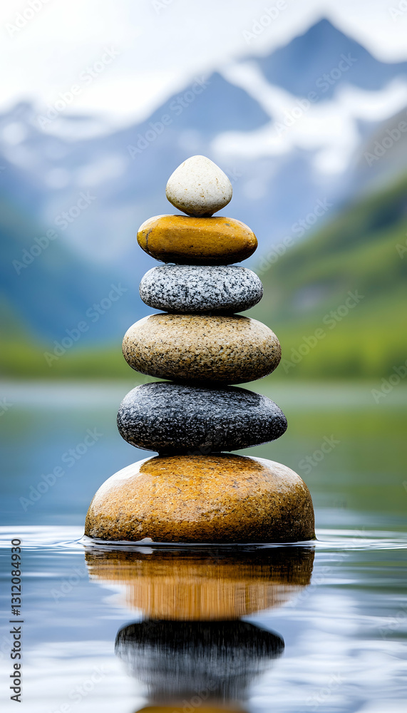 A stack of smooth, rounded stones balanced atop one another in a still lake A stack of smooth, rounded stones balanced atop one another in a still lake